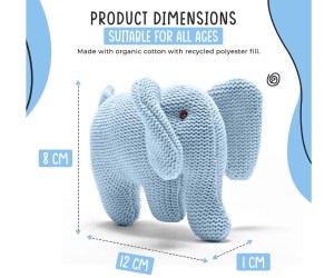 Knitted Organic Cotton Blue Elephant Toy with floppy ears and long trunk